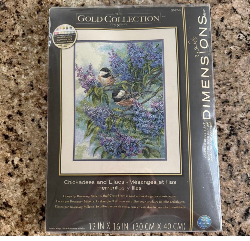 Y2K Dimensions Gold Collection Chickadees & Lilacs Cross Stitch Kit 35258 New